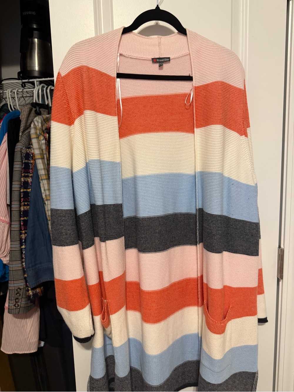 Street One Colorblock Open-Front Cardigan in Coral, Light Blue, Cream & Gray